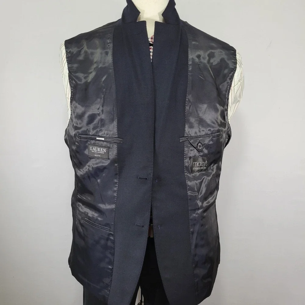 Lauren Ralph Lauren Mens Sport Coat Blazer Two Button Navy Wool Spandex 46R SLIM
